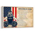Framed cheerleading wall art with a pom-pom cheerleader, patriotic stripes, stars and inspirational lessons