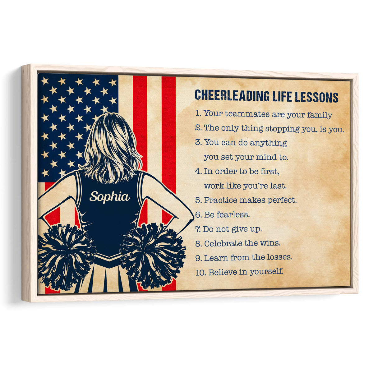Framed cheerleading wall art with a pom-pom cheerleader, patriotic stripes, stars and inspirational lessons