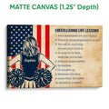 Matte canvas cheerleading wall art with a cheerleader, pom-poms, flag-inspired colors and inspirational text