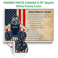White framed canvas cheerleading wall art featuring a cheerleader, pom-poms and motivational team-focused text