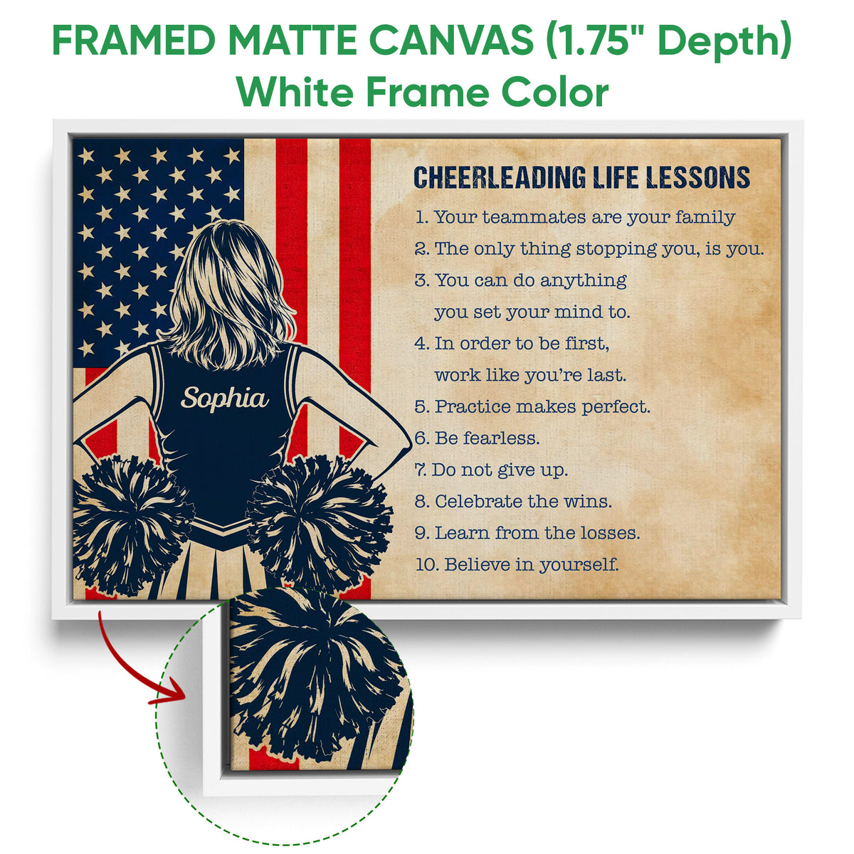 White framed canvas cheerleading wall art featuring a cheerleader, pom-poms and motivational team-focused text