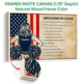 Natural wood framed cheerleading wall art with pom-poms, patriotic colors and inspirational life lessons