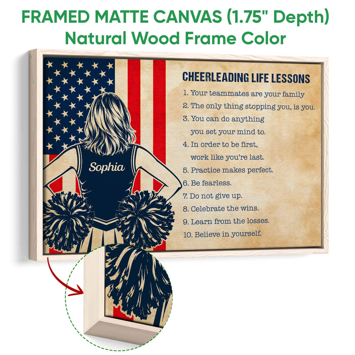 Natural wood framed cheerleading wall art with pom-poms, patriotic colors and inspirational life lessons