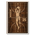 Framed basketball wall art showing a player dunking over a warm woodgrain court design