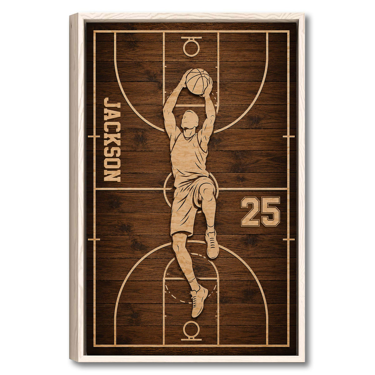 Framed basketball wall art showing a player dunking over a warm woodgrain court design