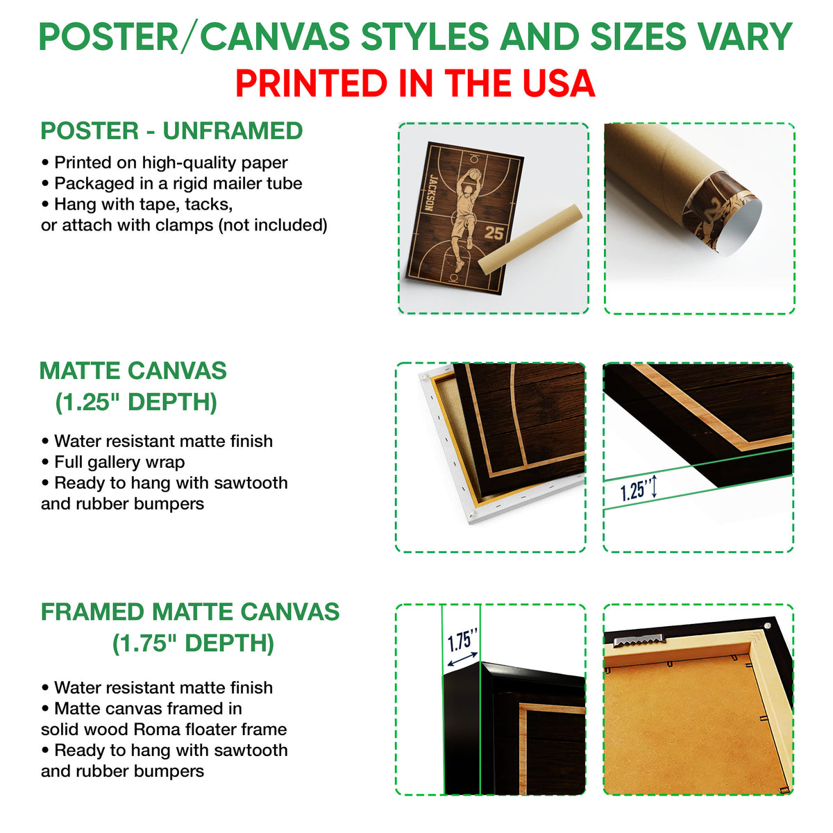 Poster and canvas wall art option guide showing basketball artwork in unframed and framed formats