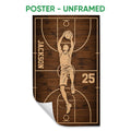 Unframed basketball poster featuring a dynamic player dunking across a dark woodgrain court