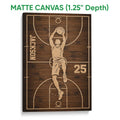 Matte canvas basketball wall art with a dunking player and warm woodgrain court artwork