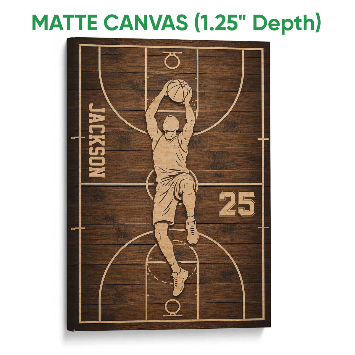 Matte canvas basketball wall art with a dunking player and warm woodgrain court artwork