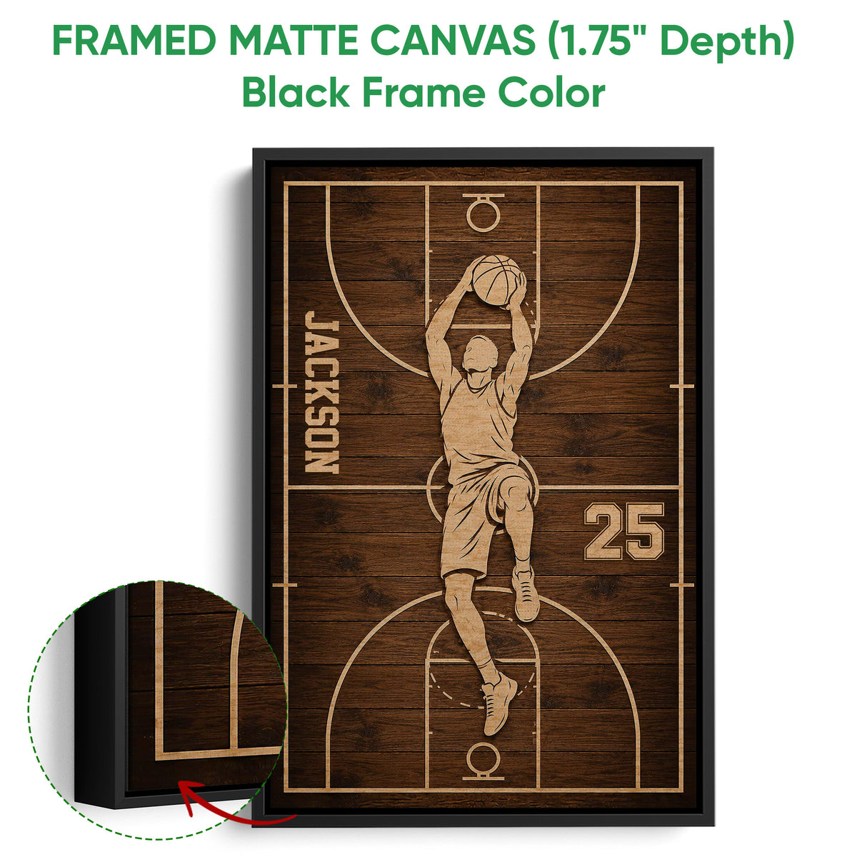 Black framed canvas basketball wall art with a dunking player and close-up frame detail