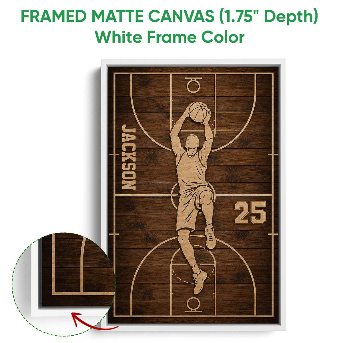 White framed canvas basketball wall art featuring a player dunking on a woodgrain court