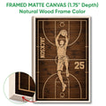 Natural wood framed basketball canvas with a dunking player and close-up frame detail