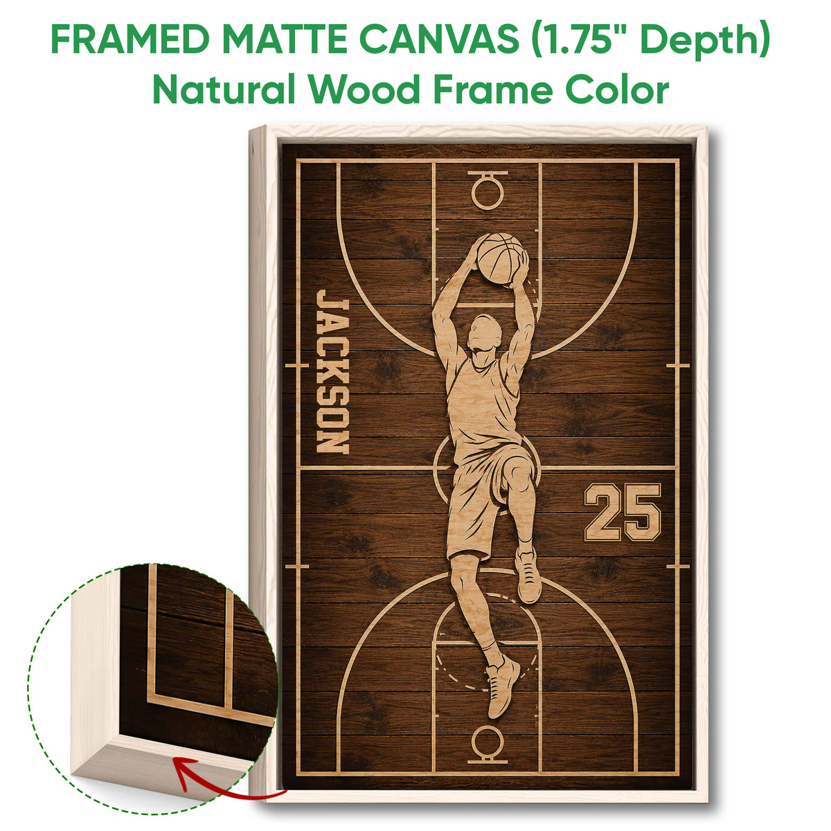 Natural wood framed basketball canvas with a dunking player and close-up frame detail