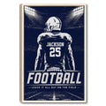 Framed football wall art showing a helmeted player on a dark stadium field