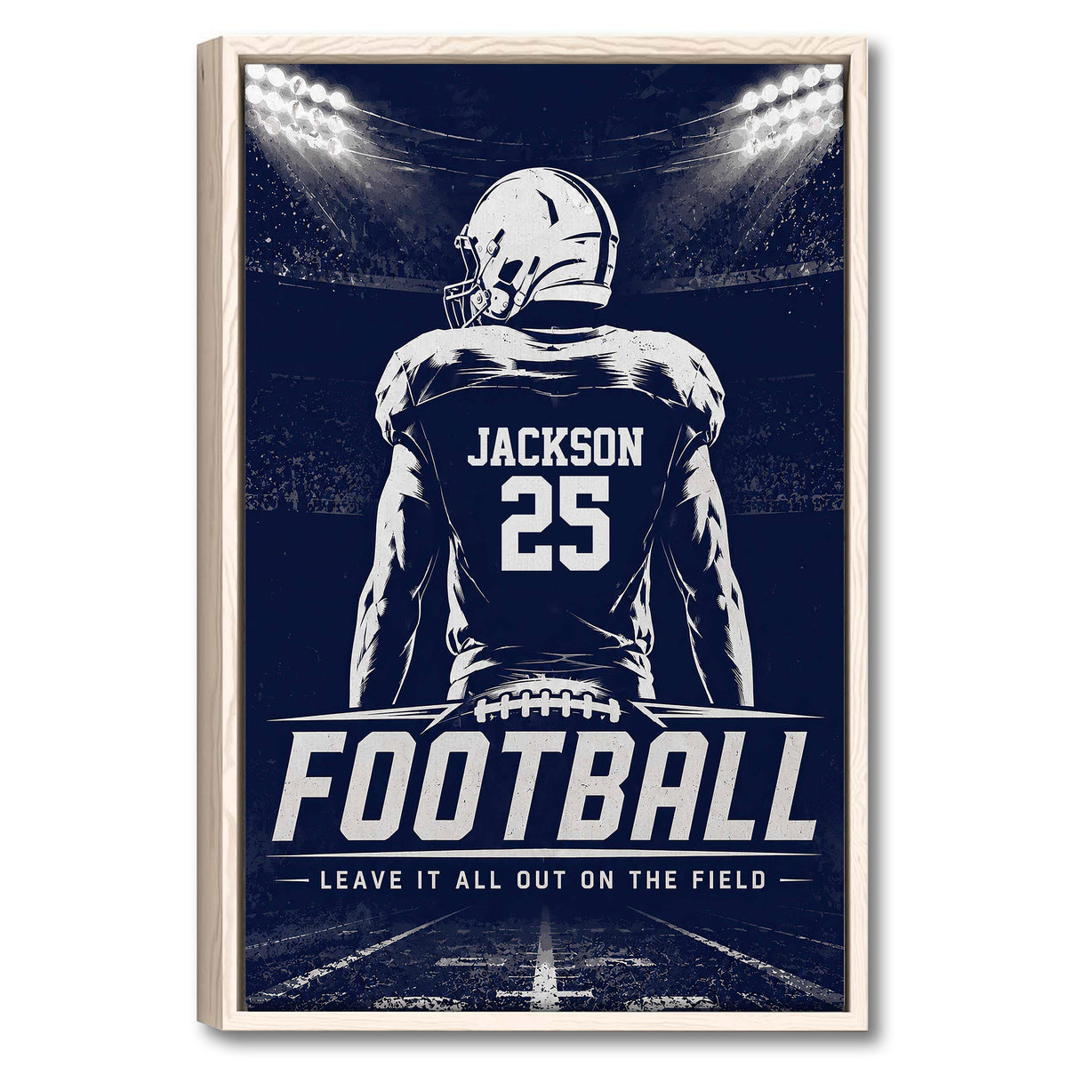 Framed football wall art showing a helmeted player on a dark stadium field