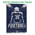 Matte canvas football wall art displaying a helmeted player and stadium scene