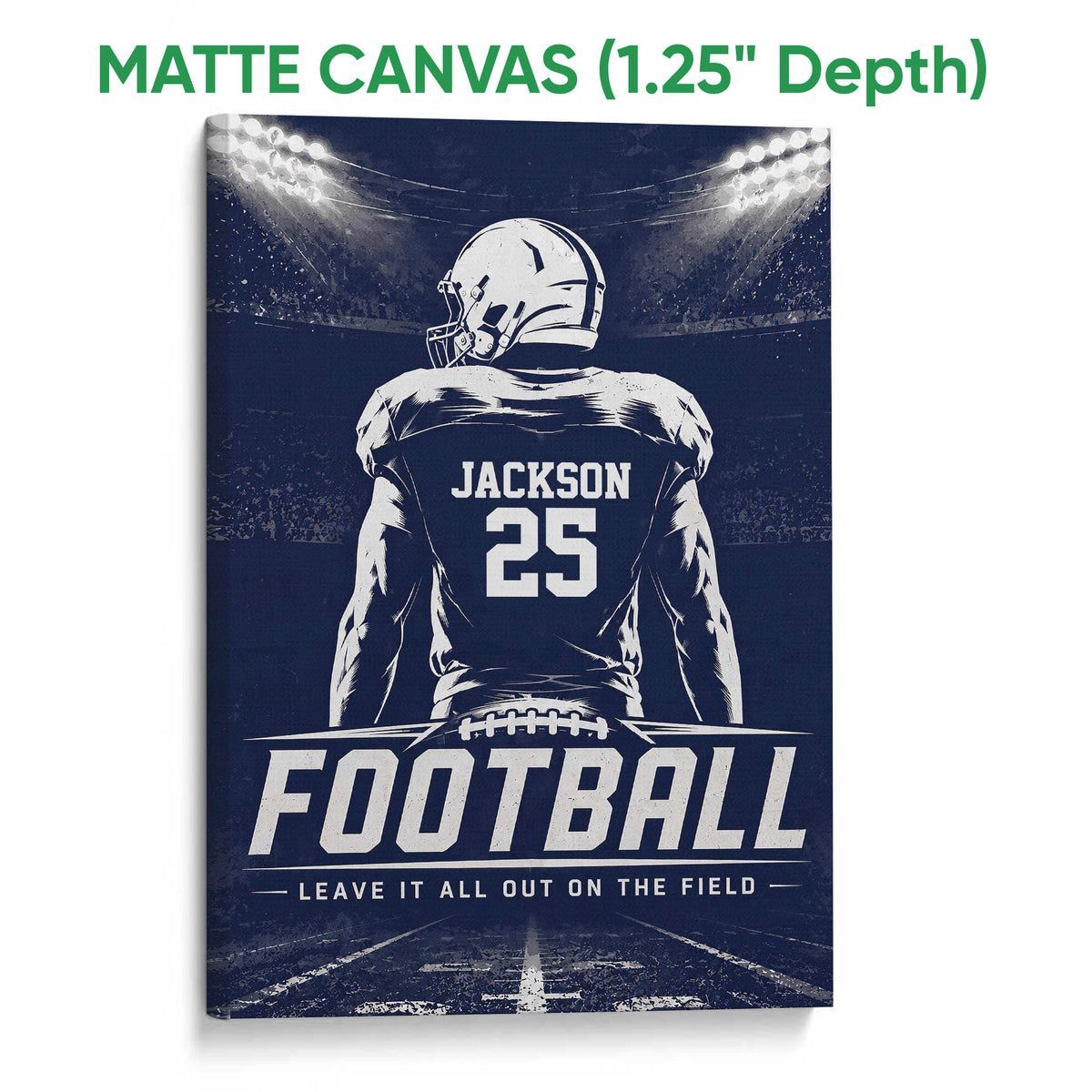 Matte canvas football wall art displaying a helmeted player and stadium scene