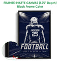 Framed football canvas wall art shown with a black frame and close-up edge detail