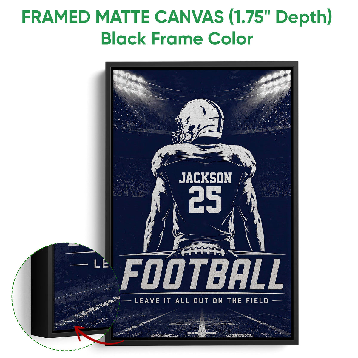 Framed football canvas wall art shown with a black frame and close-up edge detail