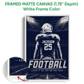 Framed football canvas wall art shown with a white frame and close-up edge detail