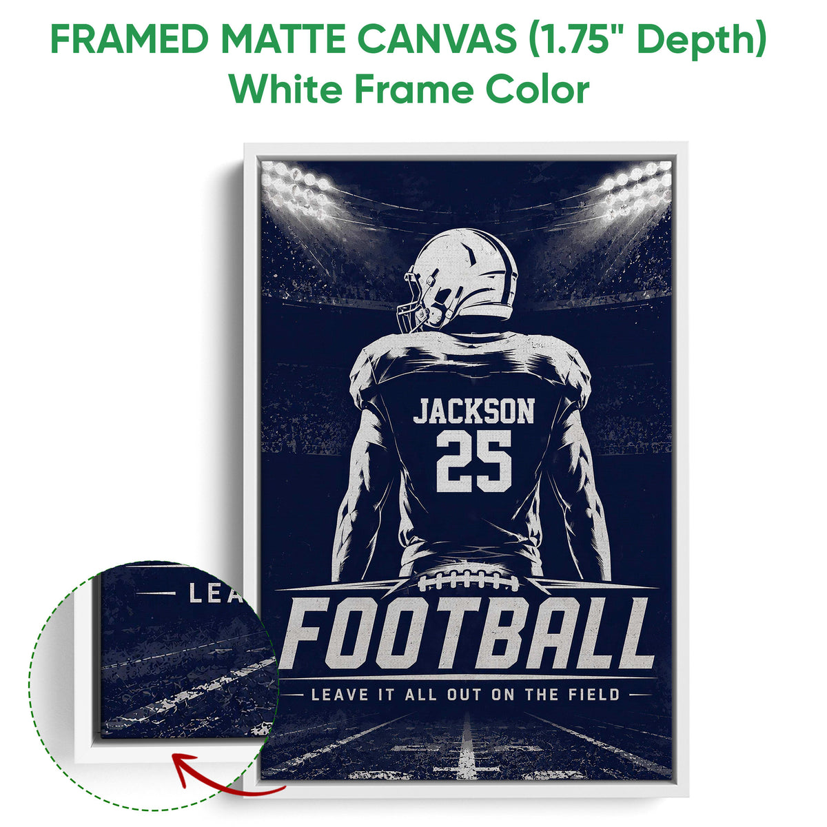 Framed football canvas wall art shown with a white frame and close-up edge detail