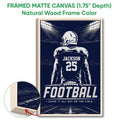 Framed football canvas wall art shown with a natural wood frame and edge detail