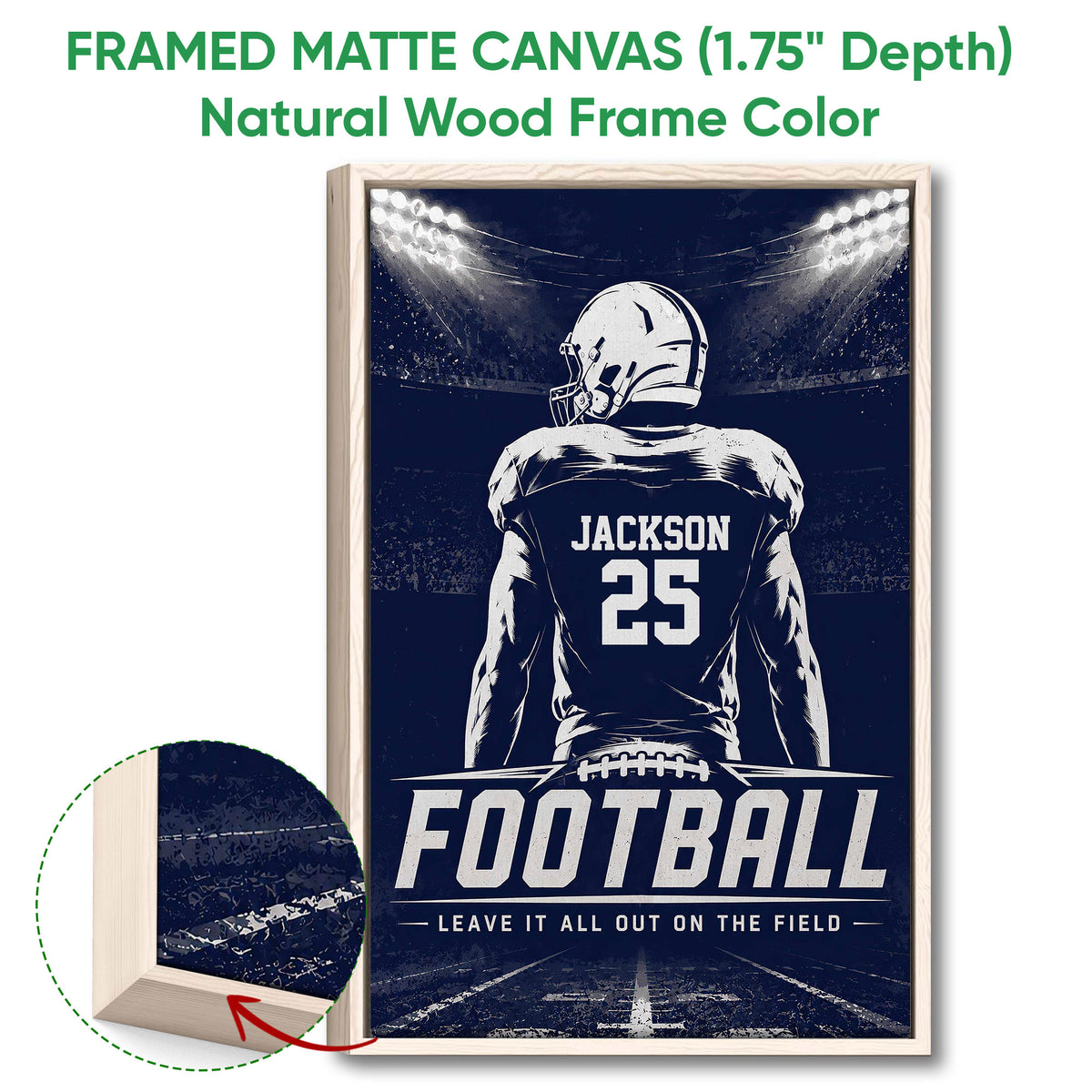 Framed football canvas wall art shown with a natural wood frame and edge detail