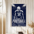 Football wall art displayed in a bright home interior with white paneled walls