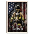 Framed firefighter wall art featuring protective gear, firefighting tools, and a distressed American flag backdrop