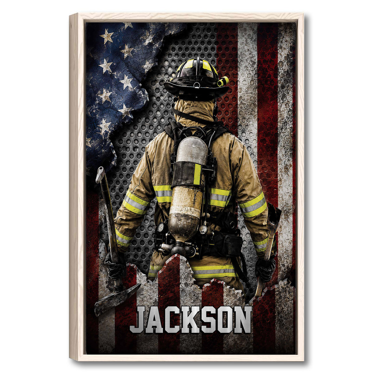 Framed firefighter wall art featuring protective gear, firefighting tools, and a distressed American flag backdrop