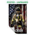 Unframed firefighter poster showing a fully equipped firefighter against a distressed red, white, blue, and black backdrop