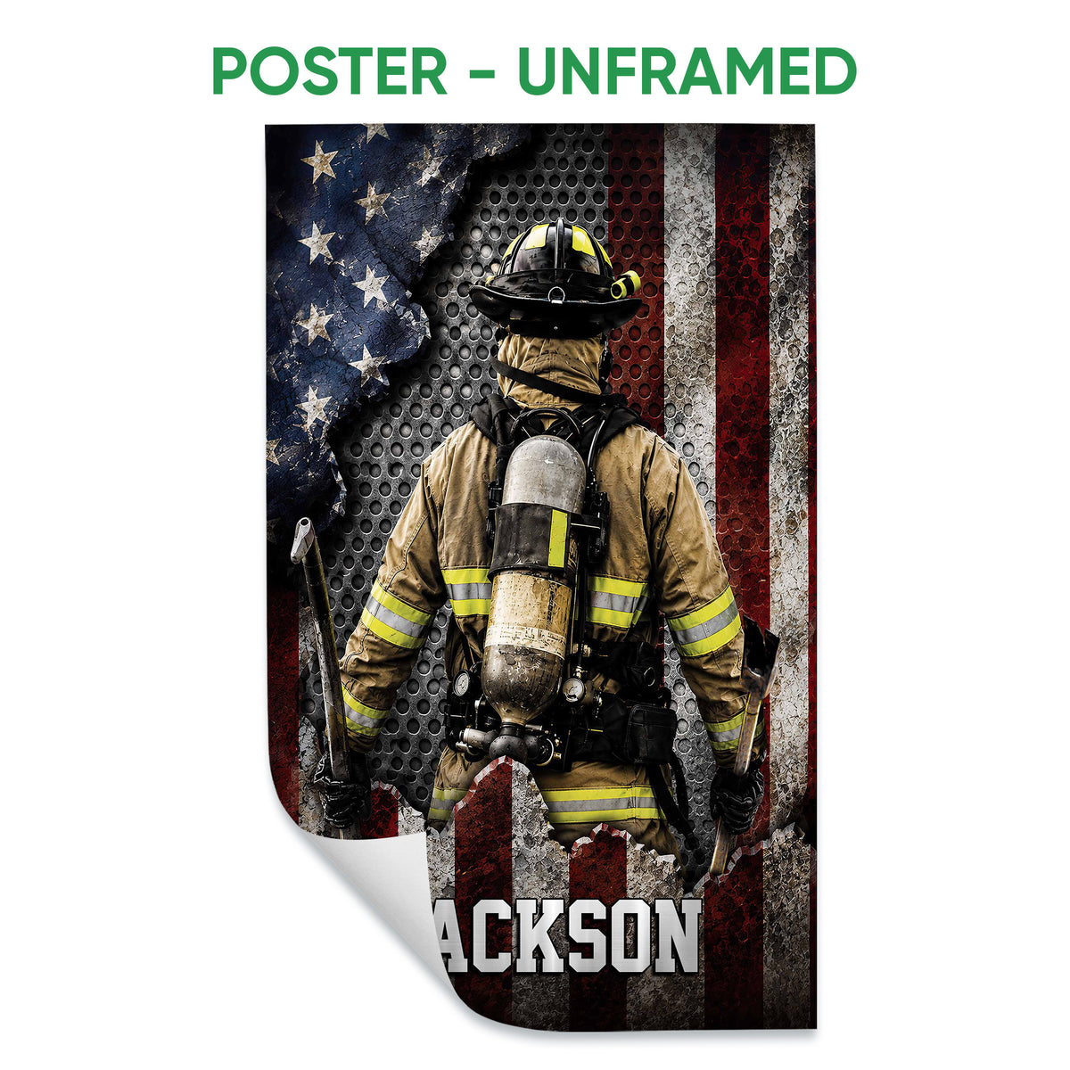 Unframed firefighter poster showing a fully equipped firefighter against a distressed red, white, blue, and black backdrop
