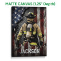 Matte canvas firefighter wall art featuring protective gear, firefighting tools, and bold red, white, blue, and black artwork