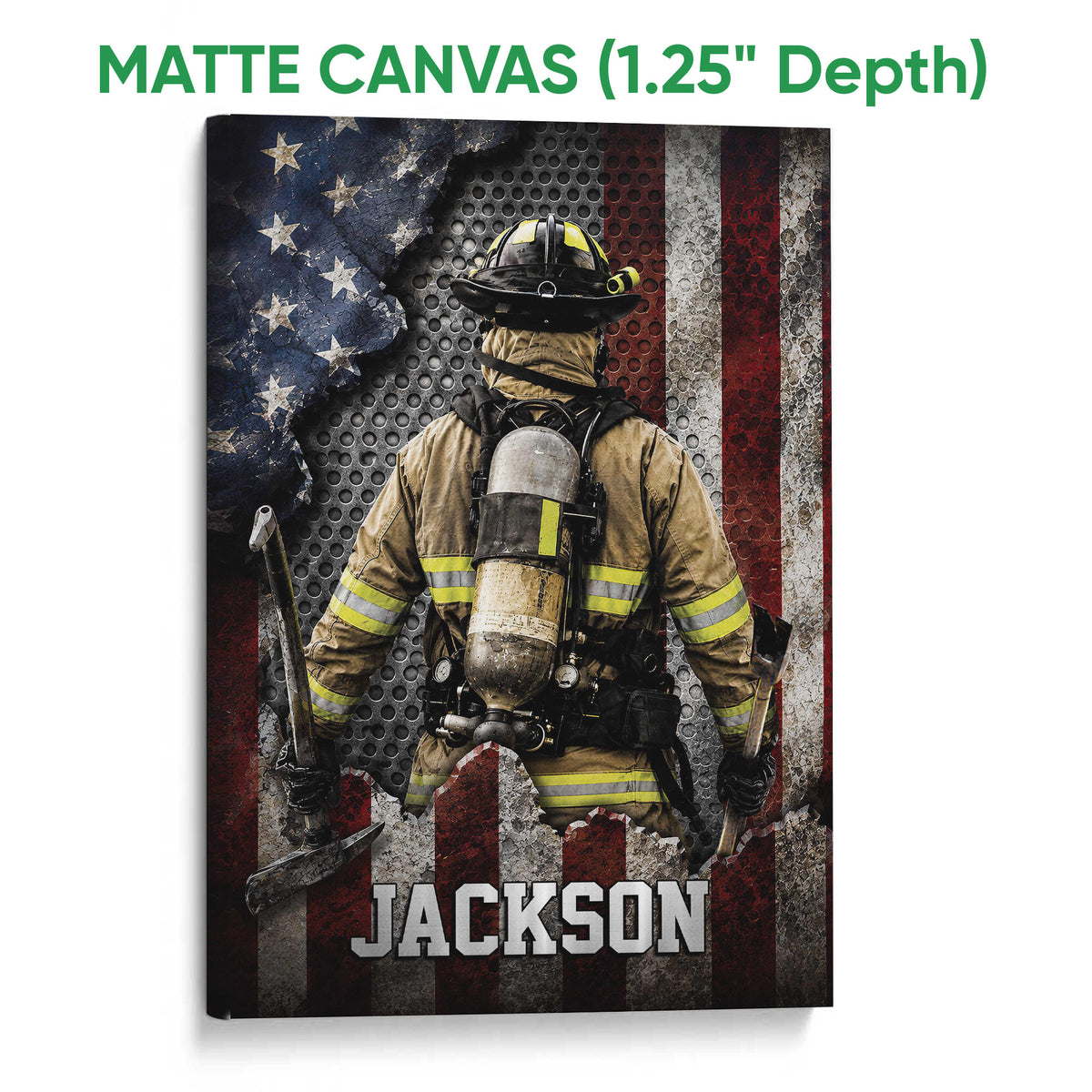 Matte canvas firefighter wall art featuring protective gear, firefighting tools, and bold red, white, blue, and black artwork