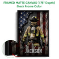Black framed canvas firefighter wall art with a close-up view of the deep black frame and detailed artwork