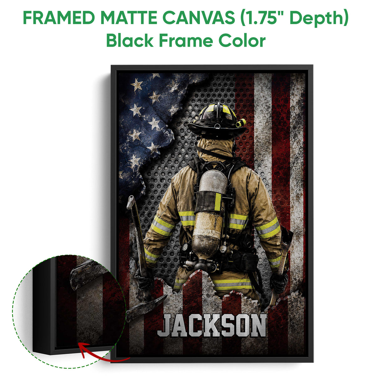 Black framed canvas firefighter wall art with a close-up view of the deep black frame and detailed artwork