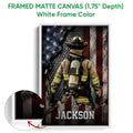 White framed canvas firefighter wall art with a close-up view of the light frame and detailed protective gear artwork