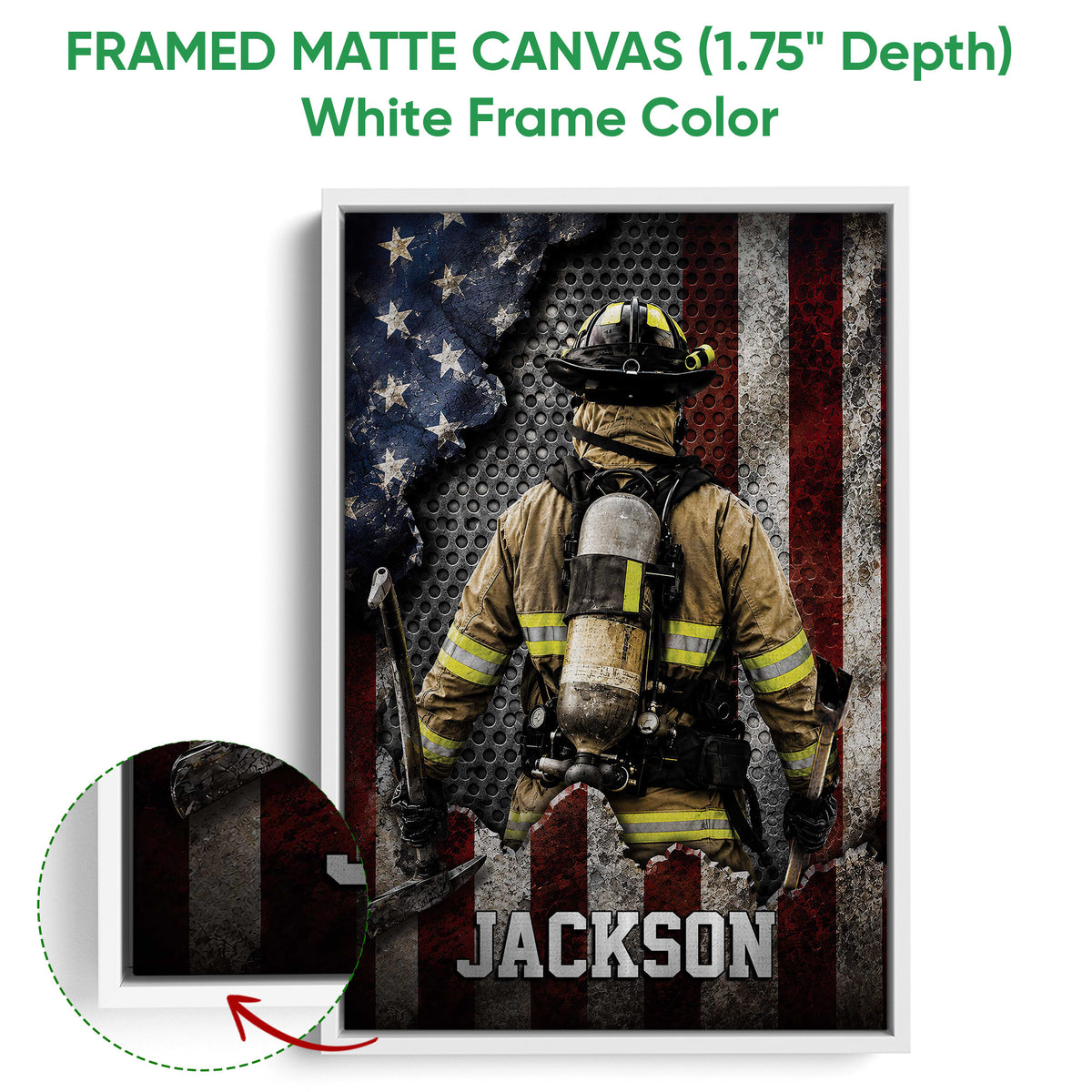 White framed canvas firefighter wall art with a close-up view of the light frame and detailed protective gear artwork