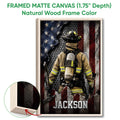 Natural wood framed canvas firefighter wall art with a close-up view of the wood frame and dramatic fire service design
