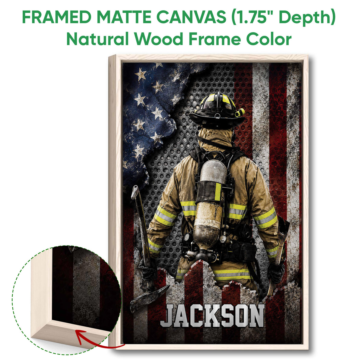 Natural wood framed canvas firefighter wall art with a close-up view of the wood frame and dramatic fire service design