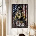 Framed firefighter wall art displayed on a light wood-paneled wall in a bright home interior