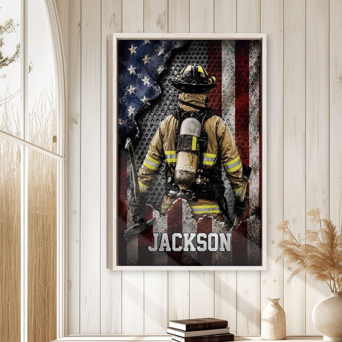 Framed firefighter wall art displayed on a light wood-paneled wall in a bright home interior