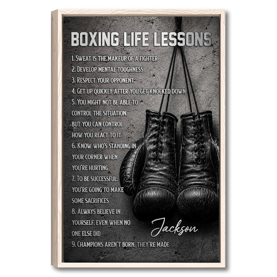 Framed boxing wall art with black gloves, motivational lessons, and a dark textured background