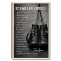 Framed boxing wall art with black gloves, motivational lessons, and a dark textured background