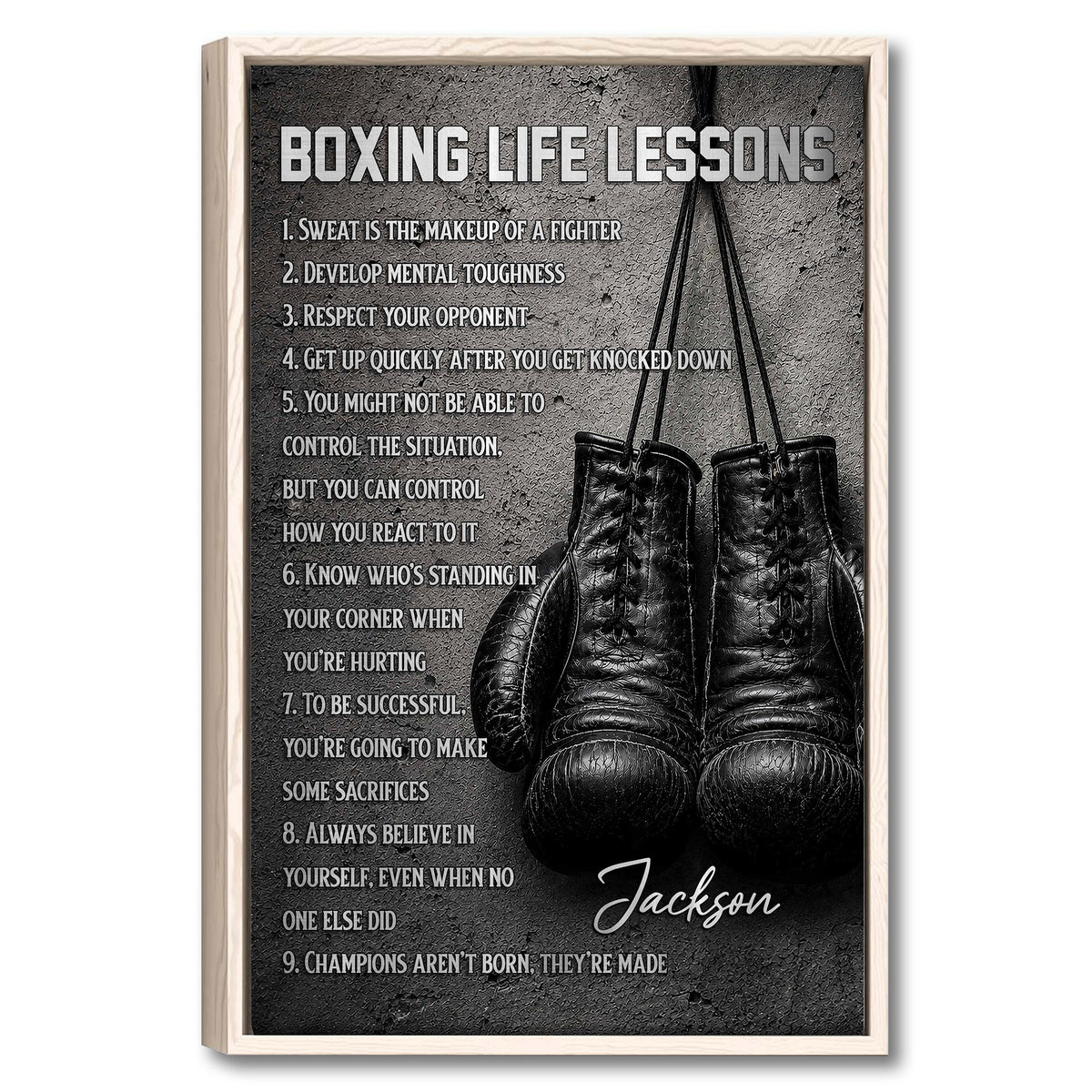 Framed boxing wall art with black gloves, motivational lessons, and a dark textured background
