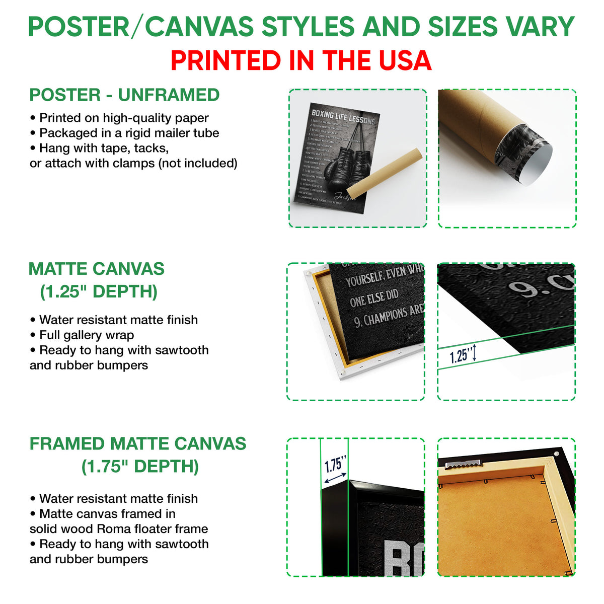Boxing wall art format guide showing unframed poster, matte canvas, and framed canvas options