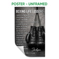 Unframed boxing poster featuring hanging gloves and motivational training lessons on a dark background