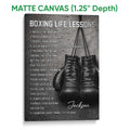Matte canvas boxing wall art with hanging gloves and bold motivational lessons