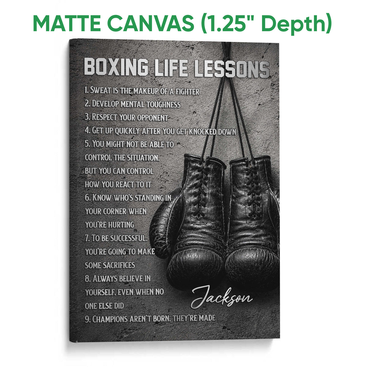 Matte canvas boxing wall art with hanging gloves and bold motivational lessons