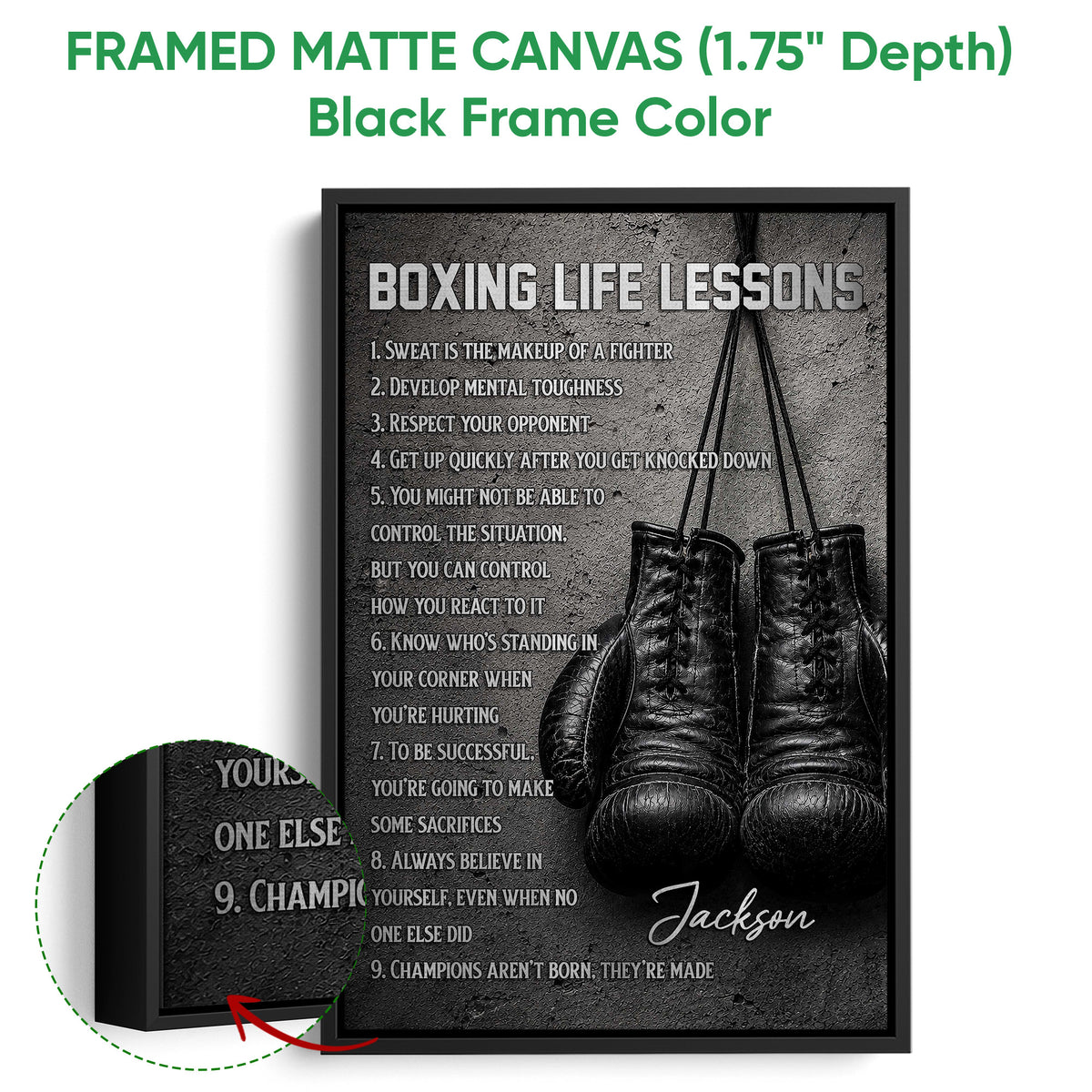 Framed boxing wall art shown with a black floater frame and close-up edge detail
